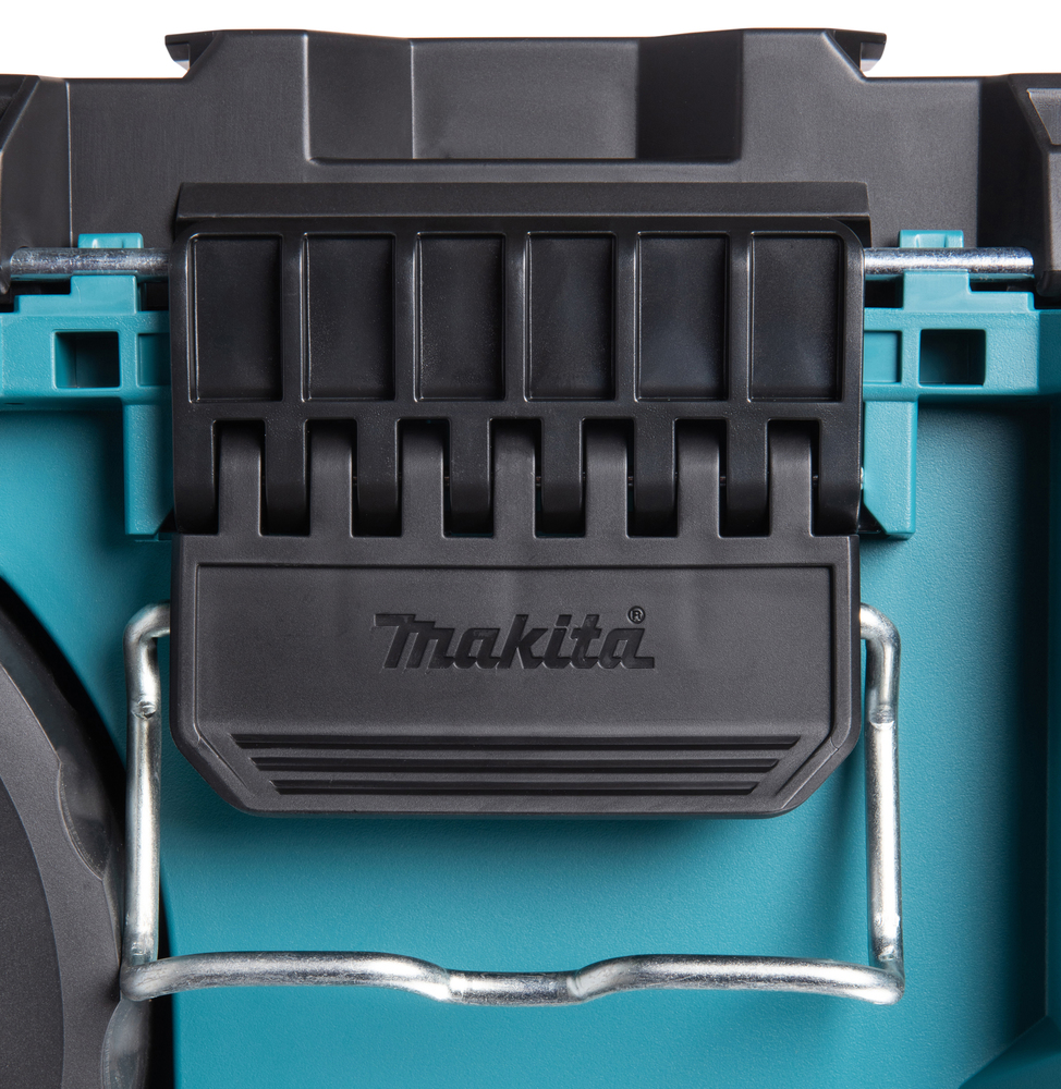 Detailaufnahme des Verschlusses eines Makita Werkzeugkoffers