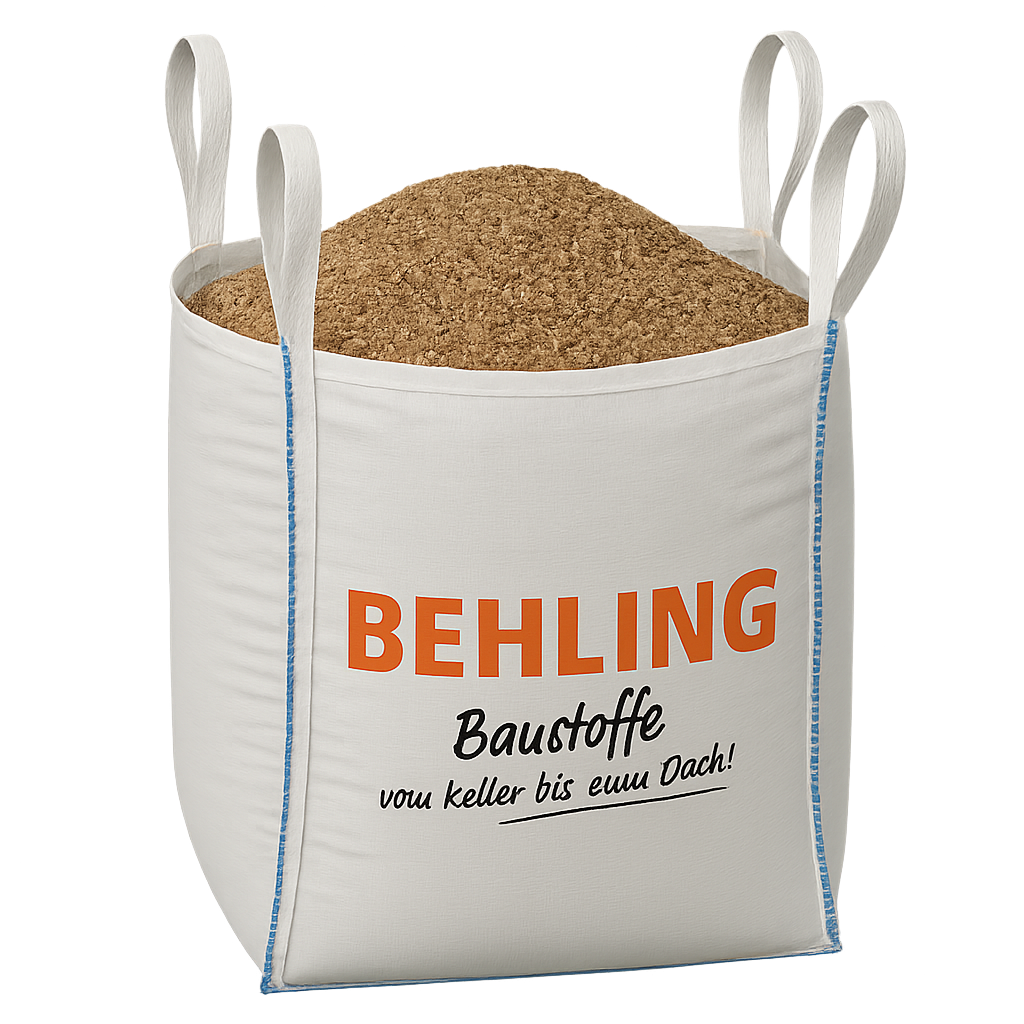 Big Bag gefüllt mit braunem Baumaterial und Behling Baustoffe Logo