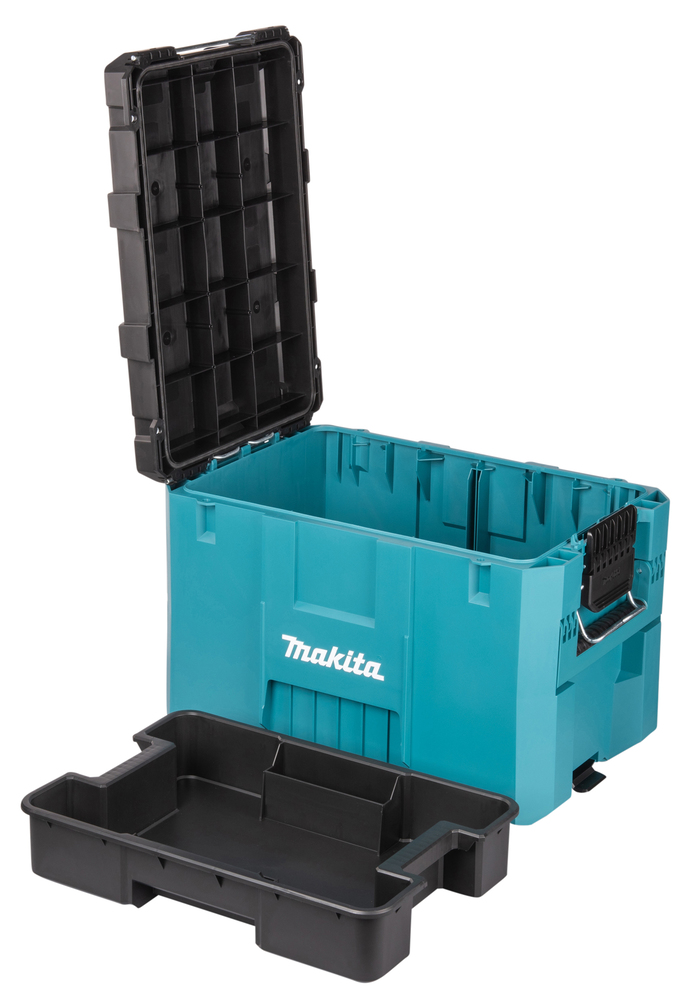 Offener Makita Werkzeugkoffer mit separater Ablage und robustem Design, ideal für die Organisation von Werkzeugen.