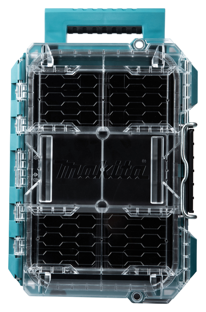 Werkzeug-Organizer mit transparentem Kunststoffdeckel und ergonomischem Griff, ideal für die Aufbewahrung von Kleinteilen