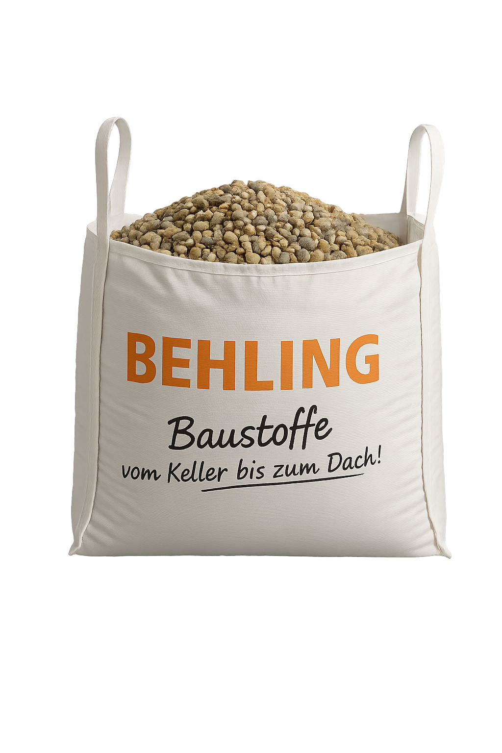 Ein gefüllter Big Bag mit Kieselsteinen der Marke Behling, angezeigt auf dunklem Hintergrund.