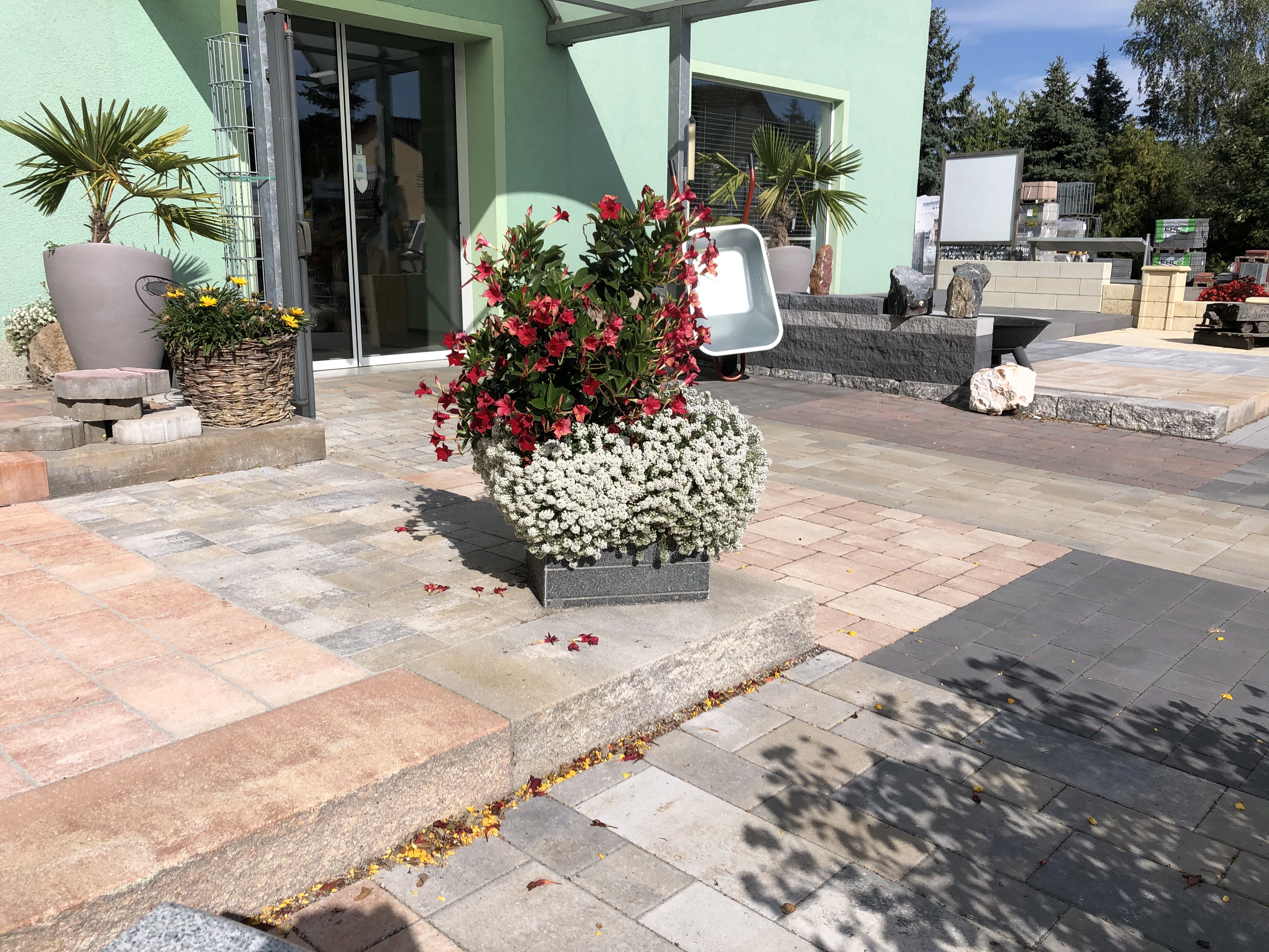 Ein Außenbereich mit gepflasterter Terrasse und dekorativen Blumen in Kübeln. Im Hintergrund ist ein modernes Gebäude mit verglaster Tür zu sehen.