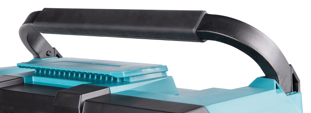 Robuste Tragbare Werkzeugbox mit ergonomischem Griff Nahaufnahme eines ergonomischen Griffs einer blauen tragbaren Werkzeugbox