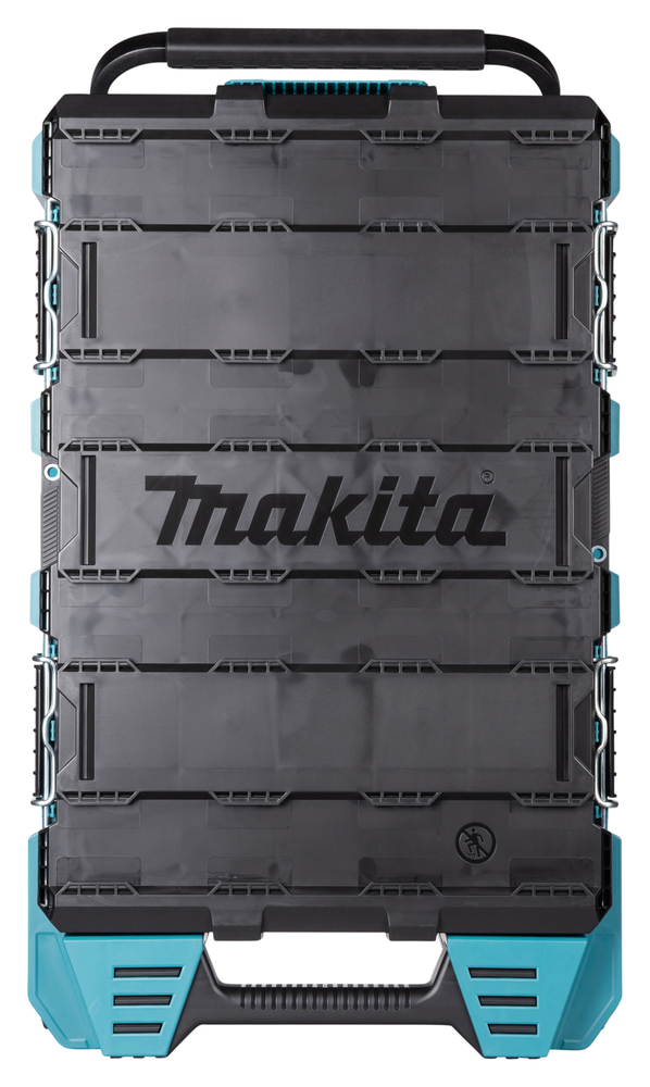 Große, schwarze Makita-Werkzeugbox mit blauem Akzent und Griff zum einfachen Transport und Stapeln von Werkzeugen.