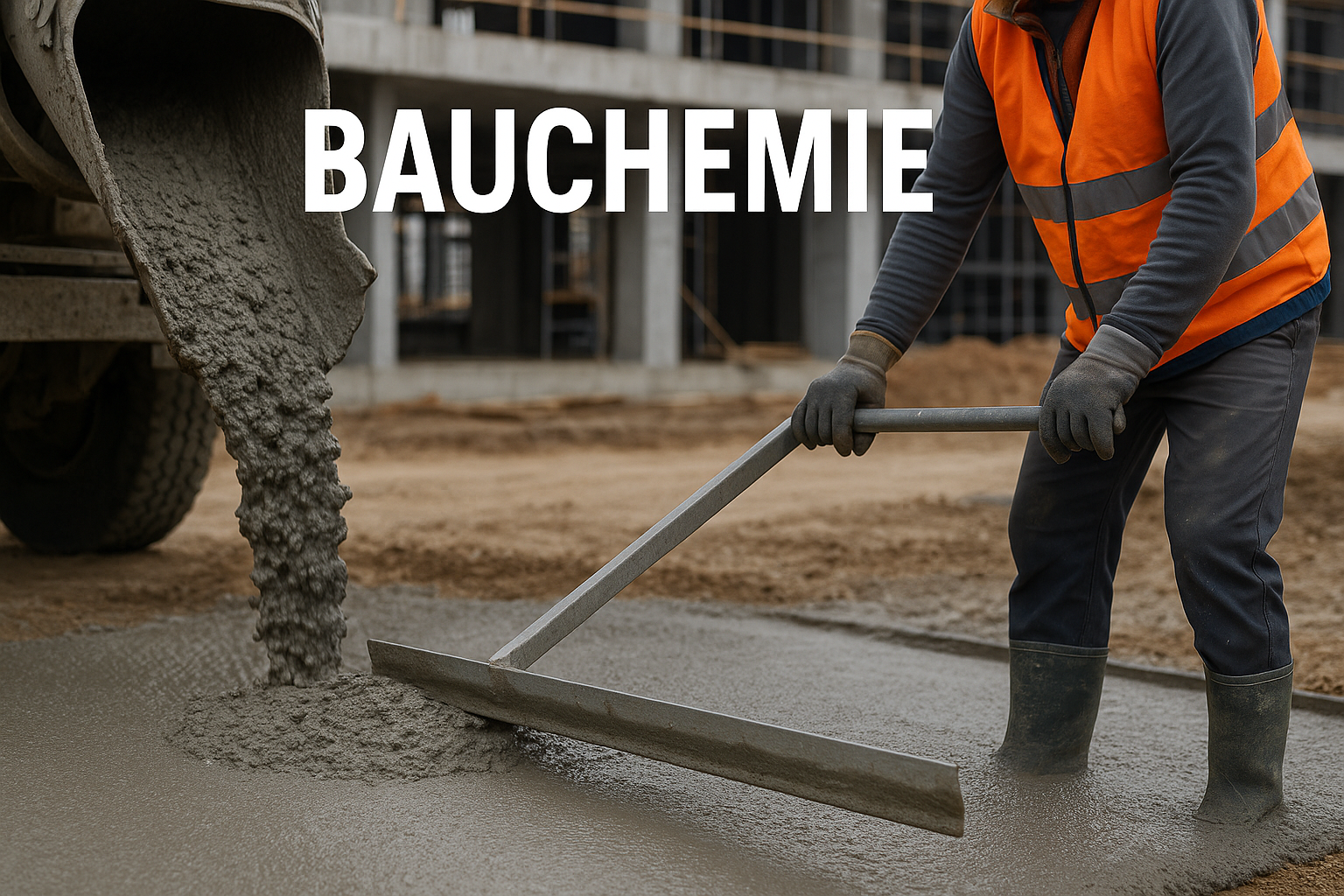 Ein Bauarbeiter glättet frischen Beton, der aus einem Betonmischer auf eine Baustelle gegossen wird.