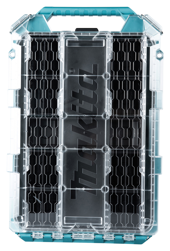 Transparenter Makita Werkzeugkoffer mit Griff und schwarzen Fächern